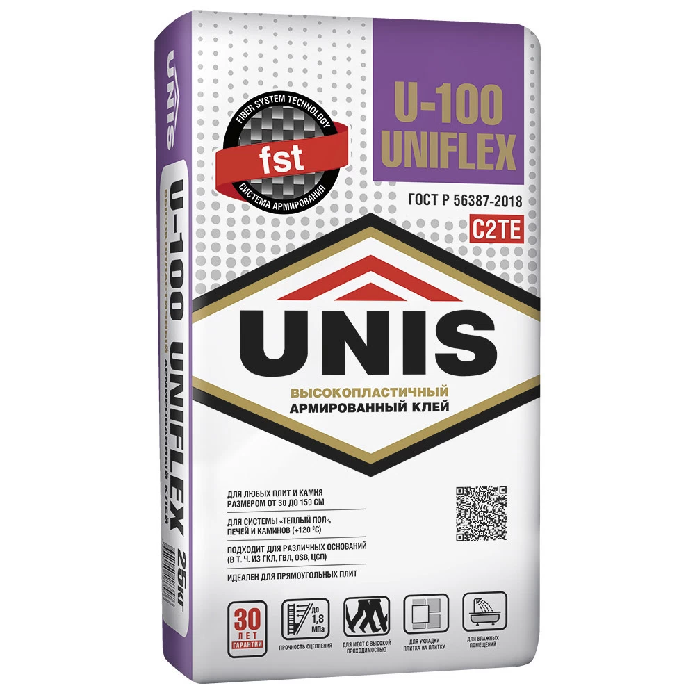 Клей для плитки/ керамогранита/ камня Unis Uniflex U-100 серый класс C2 TE 25 кг